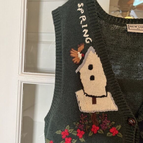 Vintage New Look Sweater Vest Bird House M Embroidered Blue Cottage Core Granny - Picture 6 of 12